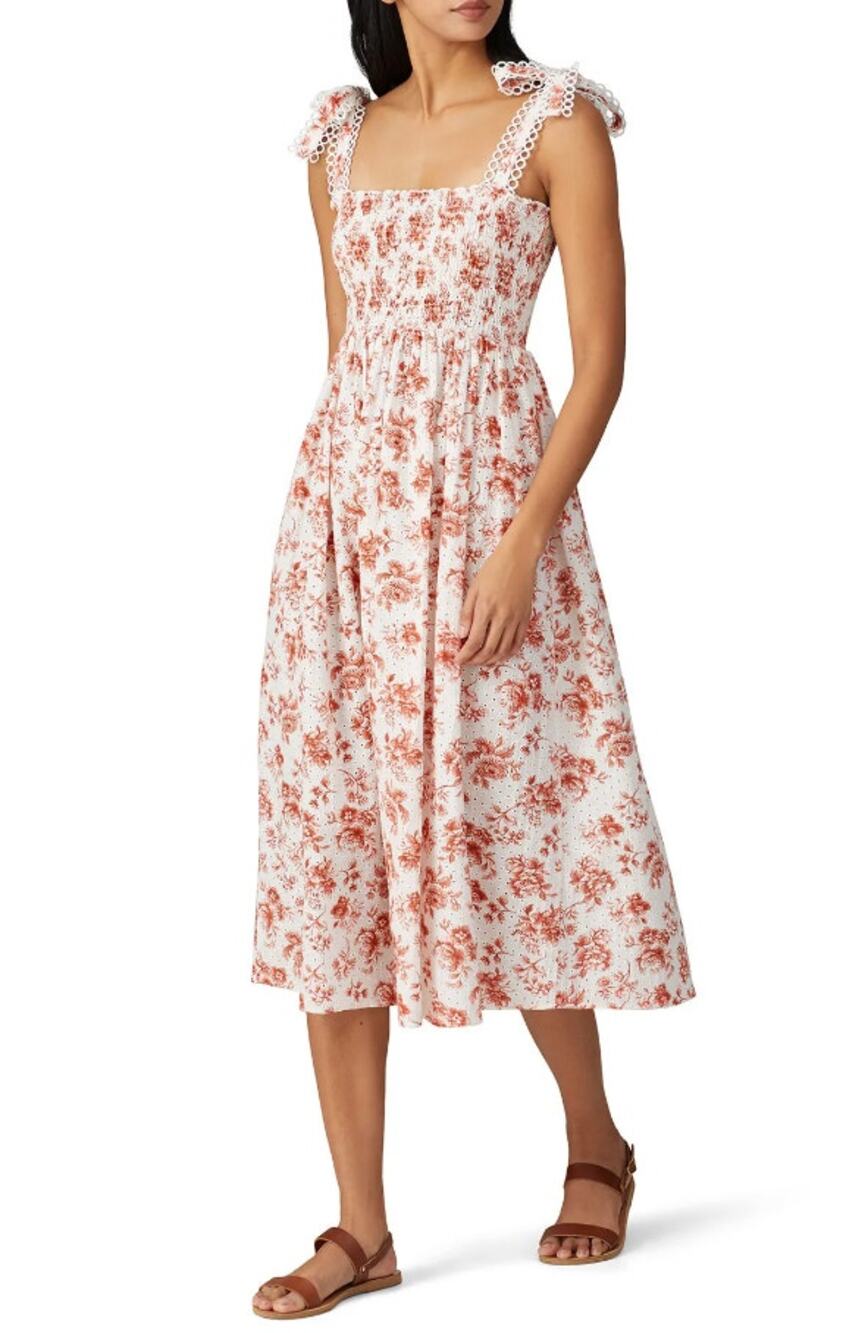Maia Bergman Simone Smocked Floral Eyelet Midi Dress Size XS
